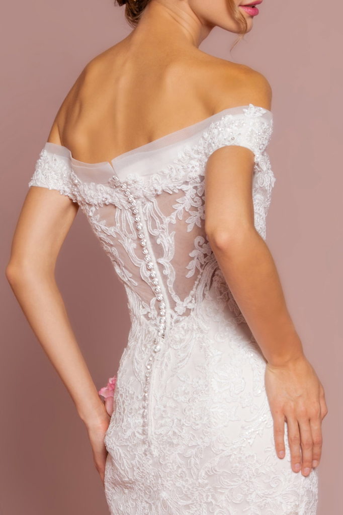 Cut-Away Shoulder Embroidered Mesh Mermaid Wedding Gown