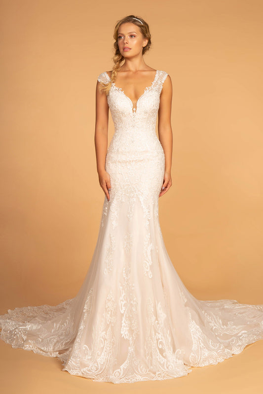 Embroidery Embellished Mesh Wedding Gown w/ Netting Shoulder Strap