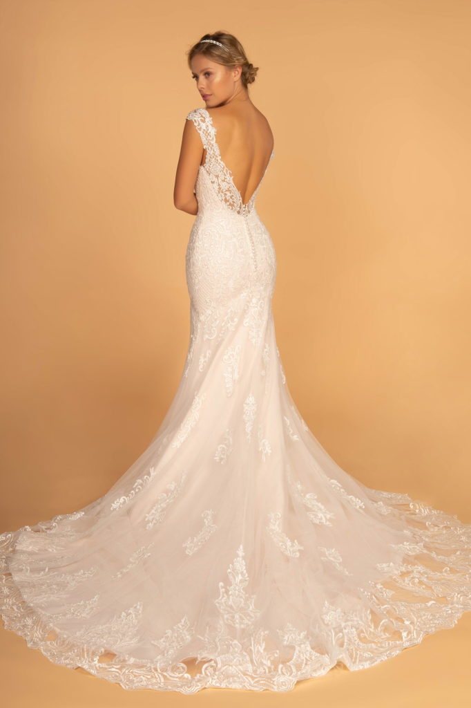 Embroidery Embellished Mesh Wedding Gown w/ Netting Shoulder Strap