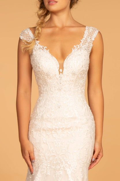 Embroidery Embellished Mesh Wedding Gown w/ Netting Shoulder Strap