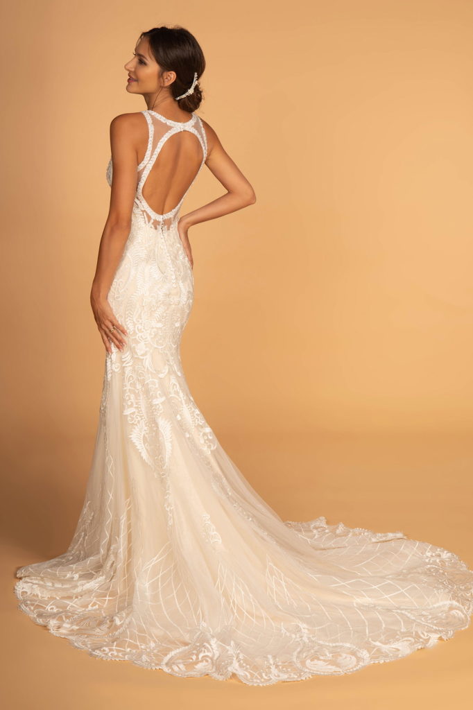 lace wedding dress with back cut out Backless White Lace Wedding Gown with Long Sleeves Off White / 6