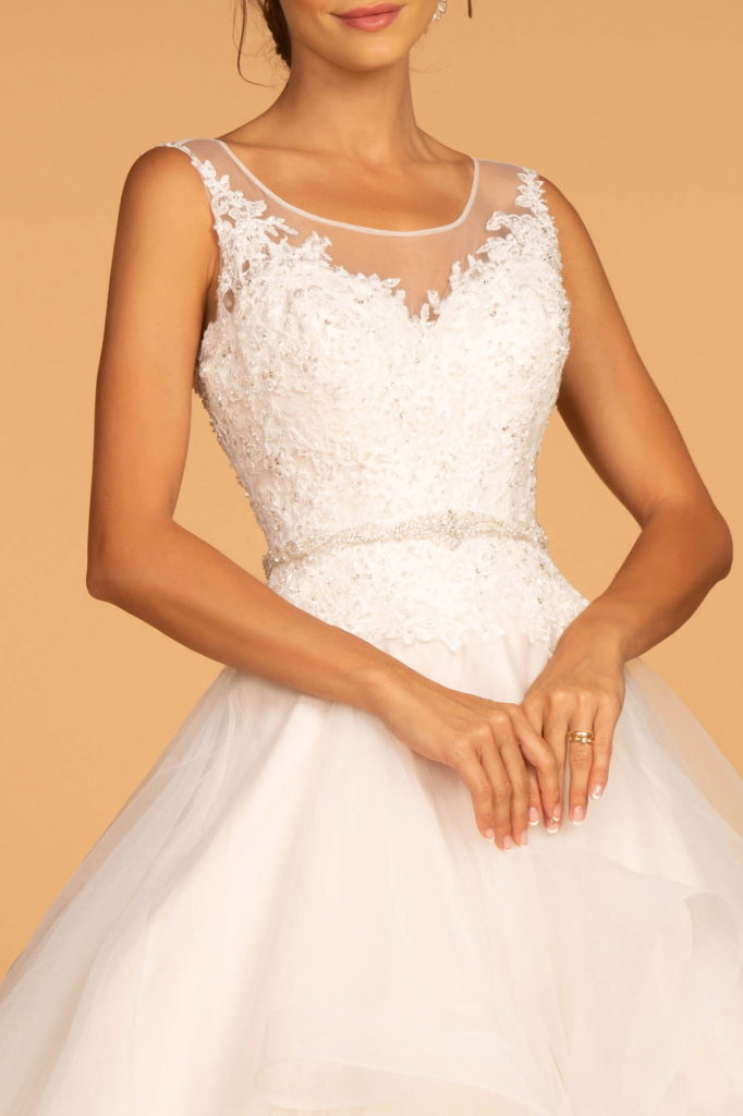 Embroidered Bodice Layered Hem Tulle Wedding Gown