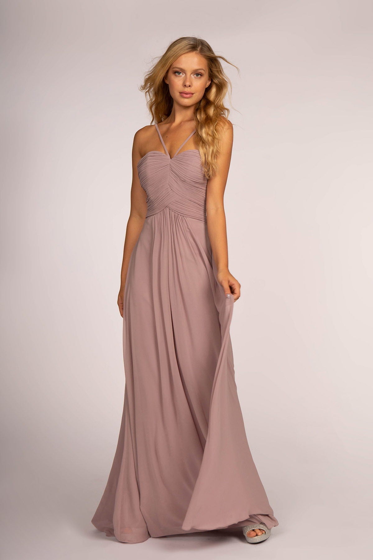 Chiffon Ruched-Bodice Long Dress