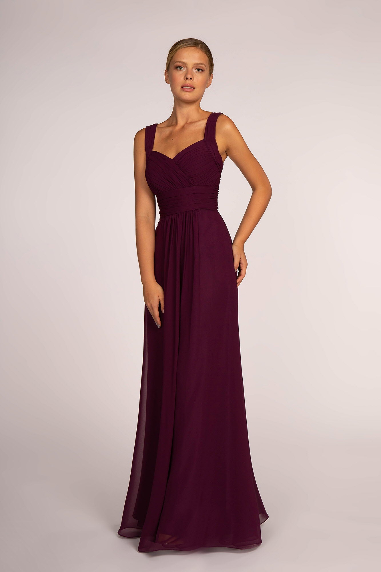 Chiffon Ruched-Bodice A-Line Long Dress