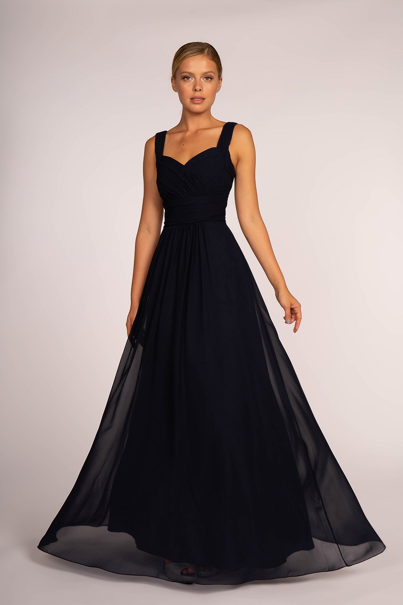 Chiffon Ruched-Bodice A-Line Long Dress