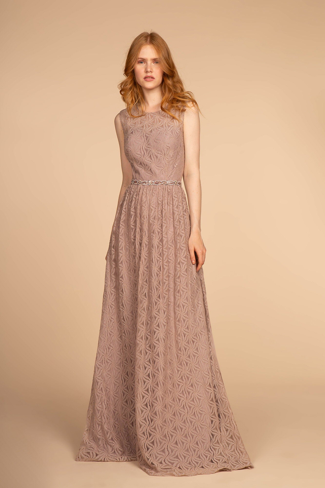 Jewel Embellished Waist Lace Long Dress