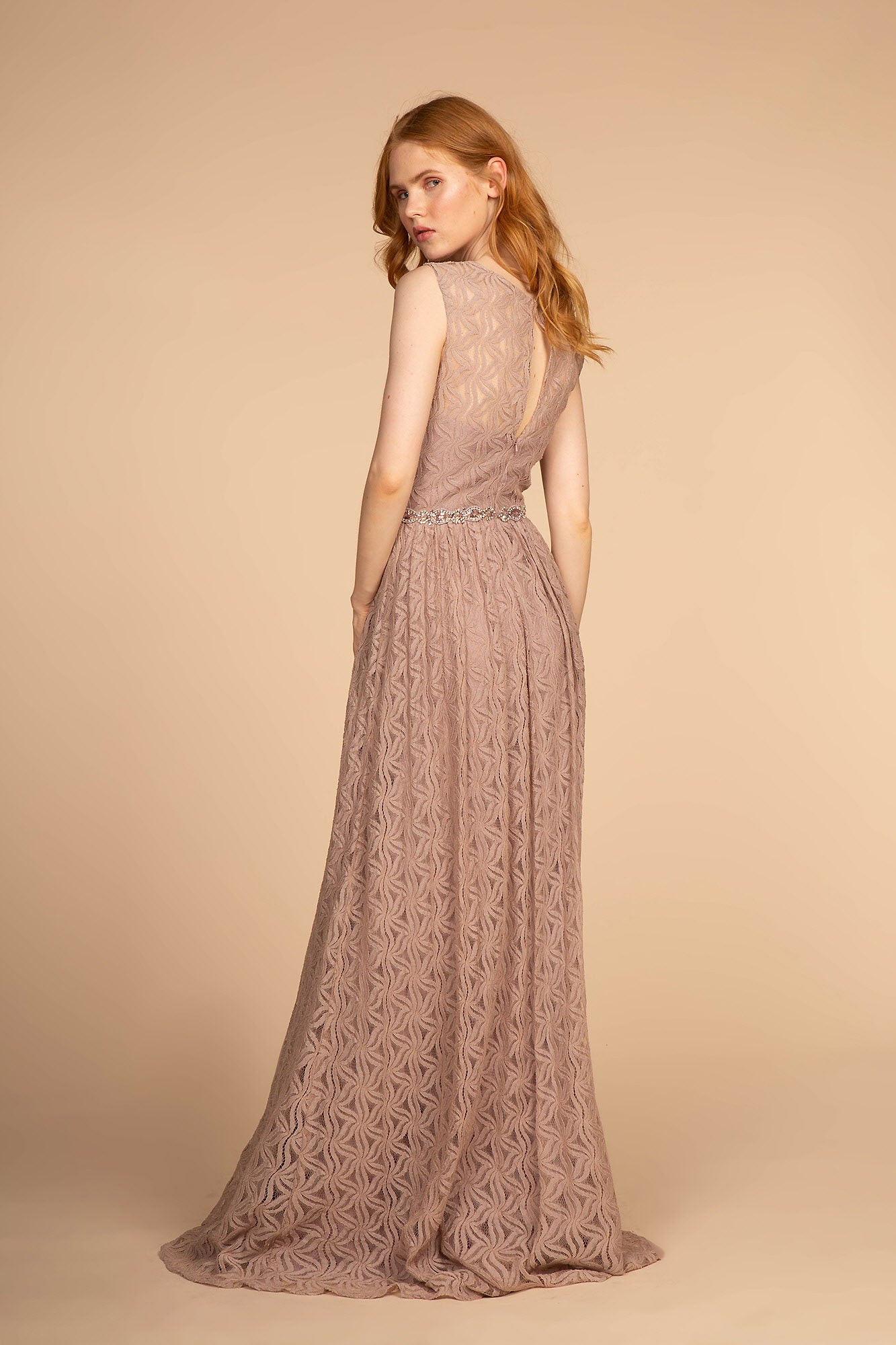 Jewel Embellished Waist Lace Long Dress