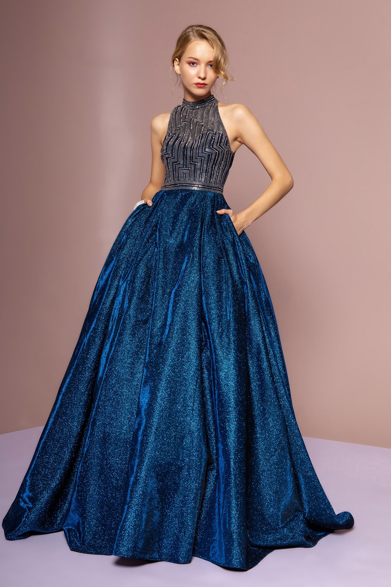 High-Neck Jeweled Bodice Glitter Crepe Ball Gown