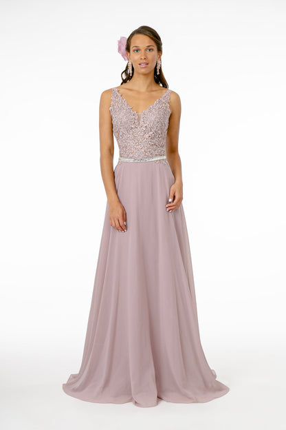 V-Neck Embroidered-Bodice Chiffon Long Dress