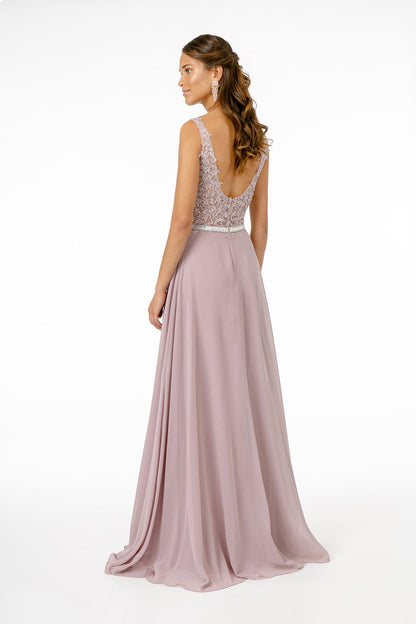 V-Neck Embroidered-Bodice Chiffon Long Dress