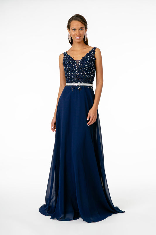 V-Neck Embroidered-Bodice Chiffon Long Dress