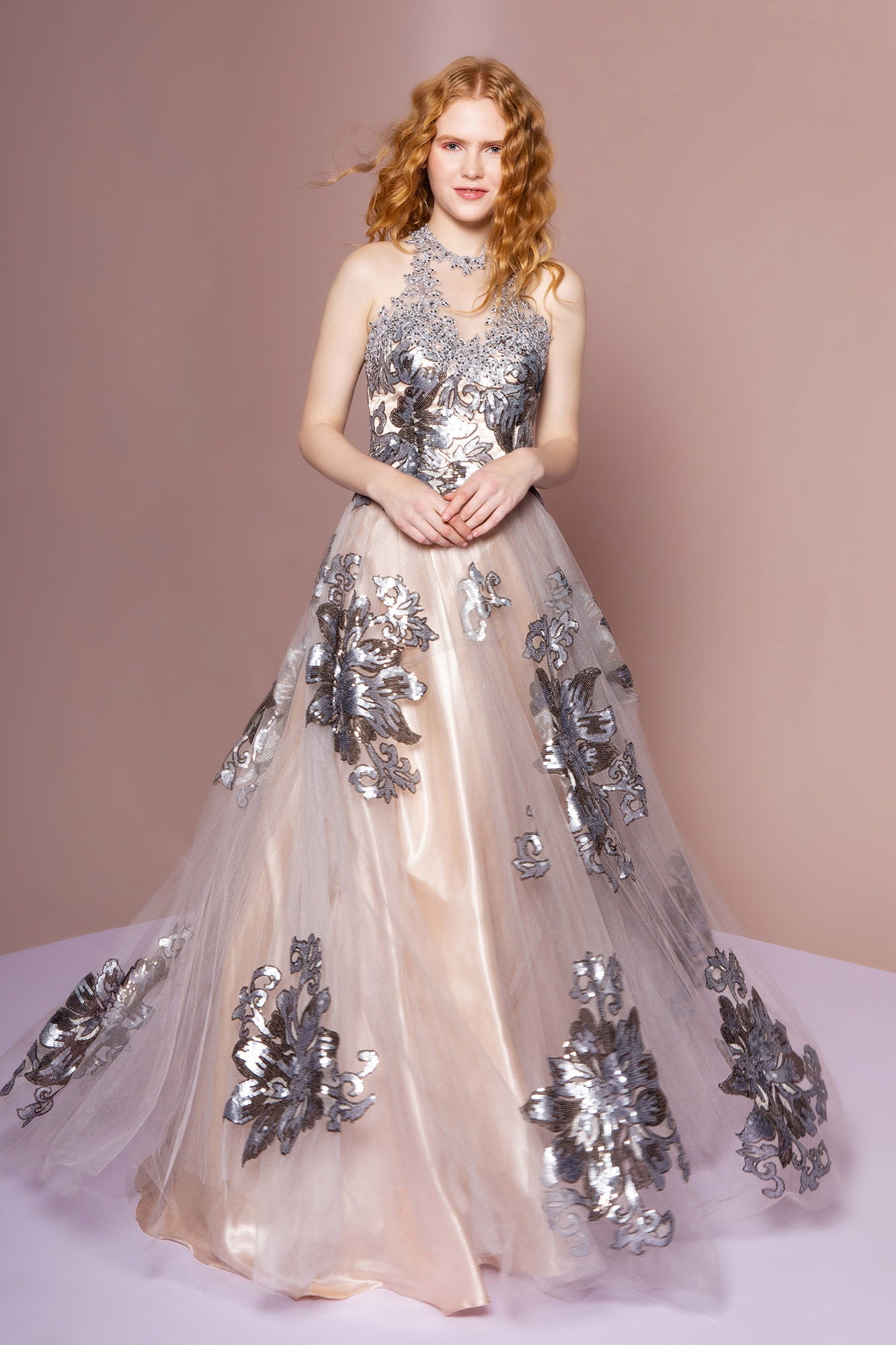 High-Neck Sequin Embellished Tulle A-Line Dress M / Champagne/Silver High-Neck Sequin Embellished Tulle A-Line Dress M / Champagne/Silver