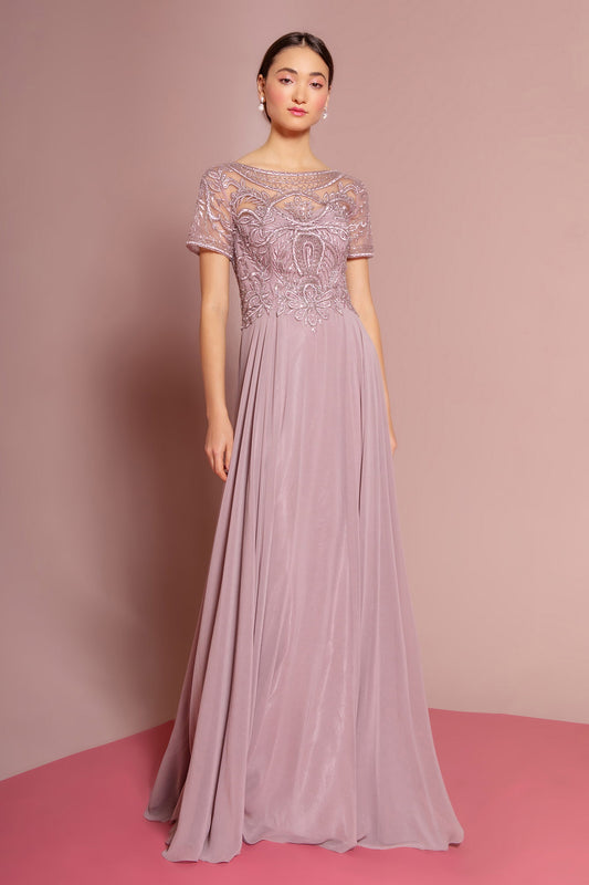 Beaded Bodice Cap Sleeve A-Line Chiffon Dress