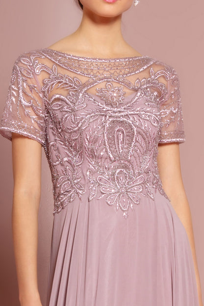 Beaded Bodice Cap Sleeve A-Line Chiffon Dress