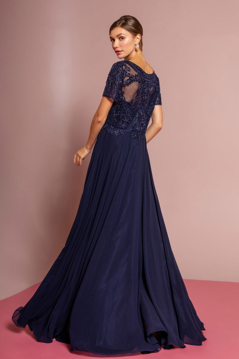 Beaded Bodice Cap Sleeve A-Line Chiffon Dress