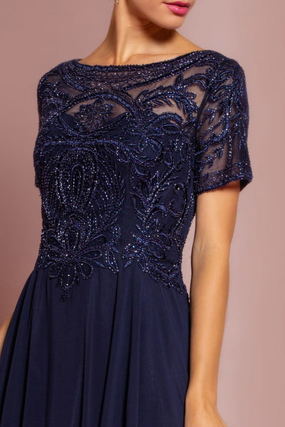 Beaded Bodice Cap Sleeve A-Line Chiffon Dress