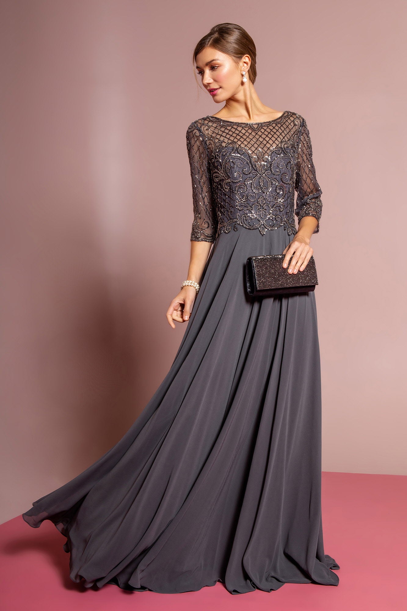 Beads Embellished Bodice Chiffon Long Dress