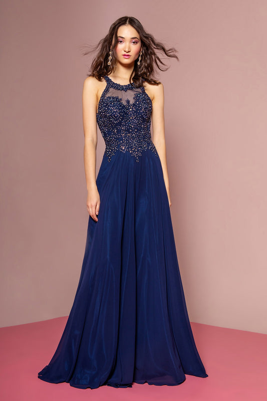 Jewel Embellished and Embroidered Bodice Chiffon Long Dress