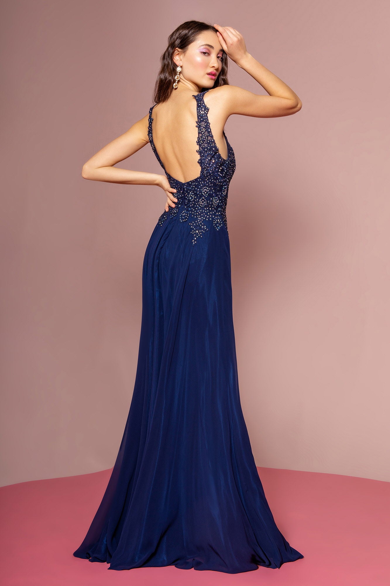 GLS Jewel Embellished Long Prom Dress - Navy - XS - Sleeveless High Neckline with Keyhole GLS Jewel Embellished Long Prom Dress - Navy - XS - Sleeveless High Neckline with Keyhole