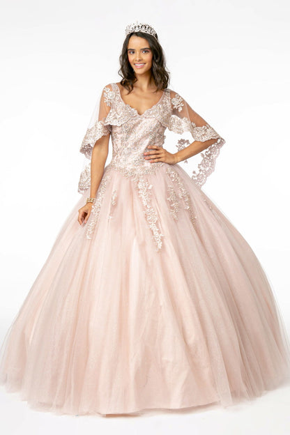 V-Neck Glitter Mesh Ball Gown w/ Cape Sleeve