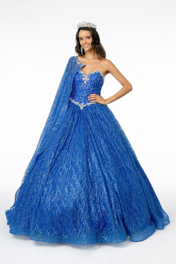 Jewel Embellished Bodice Glitter Mesh Ball Gown w/ Glitter Mesh Cape