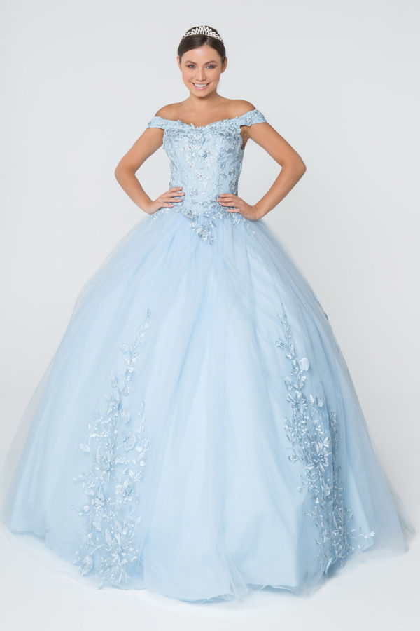 Floral Embroidery and Jewel Embellished V-Neck Mesh Ball Gown