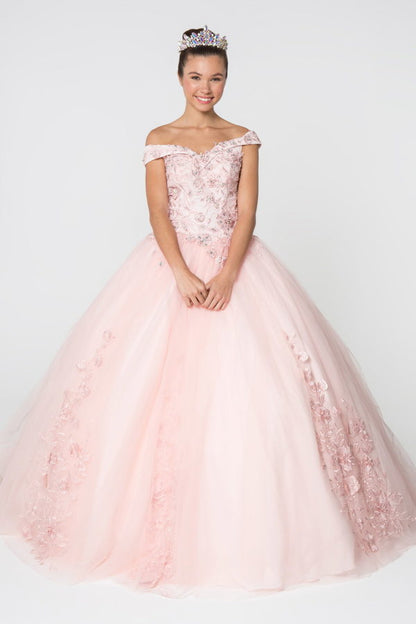 Floral Embroidery and Jewel Embellished V-Neck Mesh Ball Gown