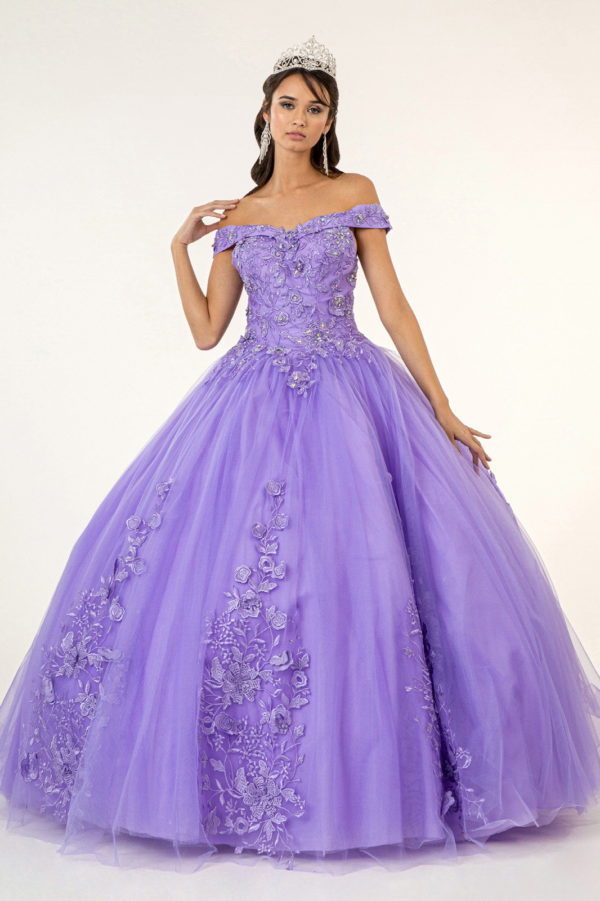 Floral Embroidery and Jewel Embellished V-Neck Mesh Ball Gown