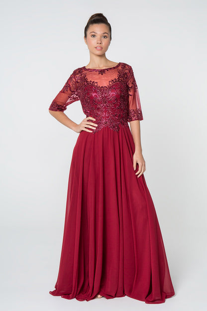 Embroidered Bodice Chiffon Long Dress