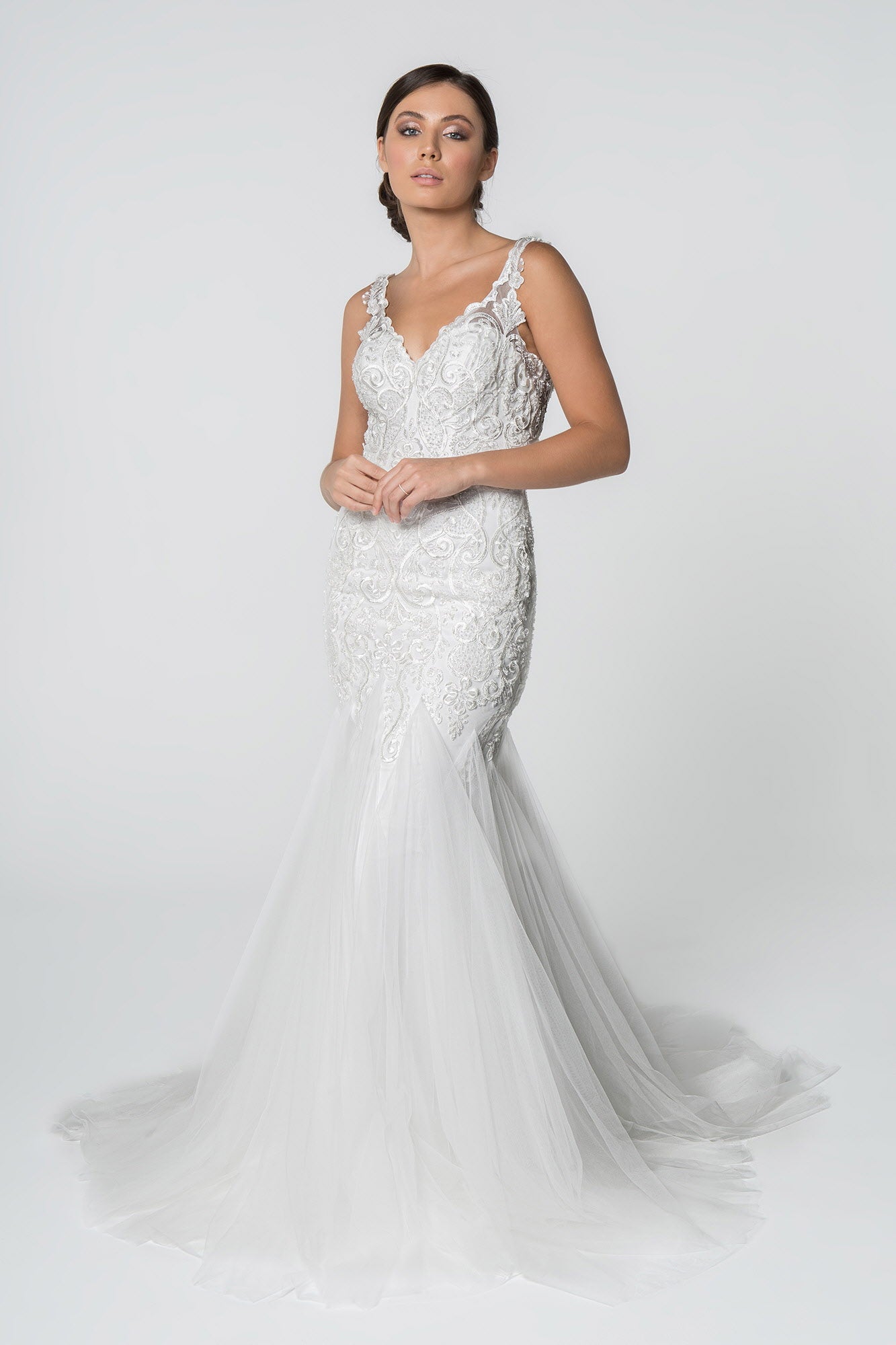 Embroidered Bodice V-Neck Mermaid Wedding Gown w/ Mesh Tail