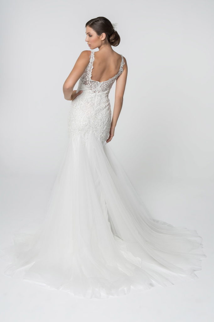 Embroidered Bodice V-Neck Mermaid Wedding Gown w/ Mesh Tail