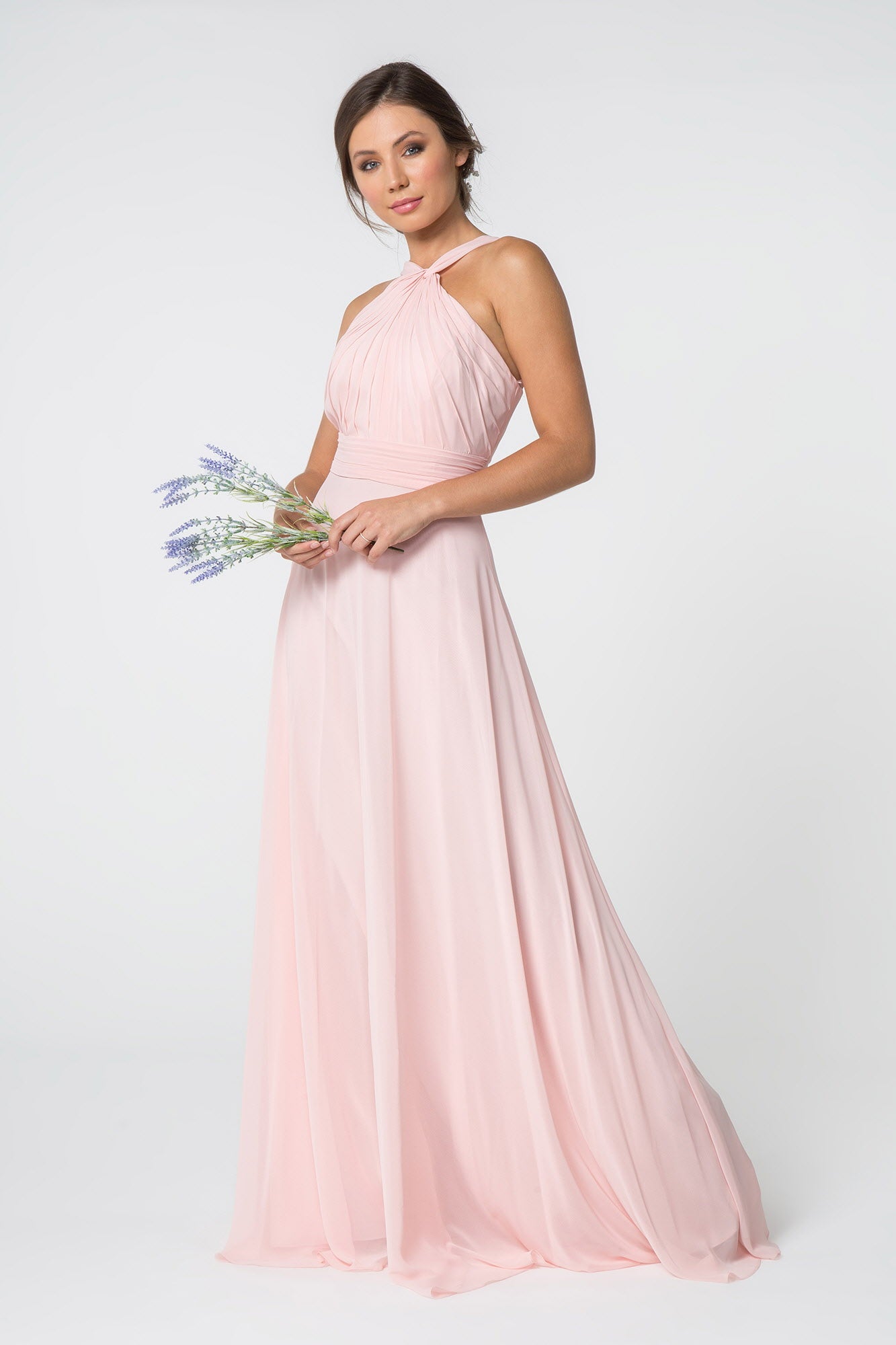 High-Neck Chiffon Ruched-Bodice A-Line Long Dress