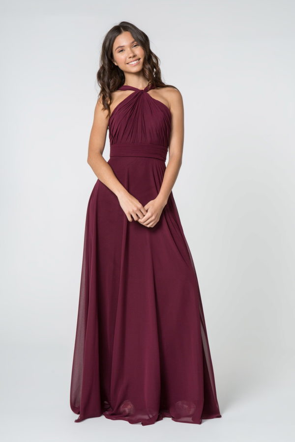 High-Neck Chiffon Ruched-Bodice A-Line Long Dress