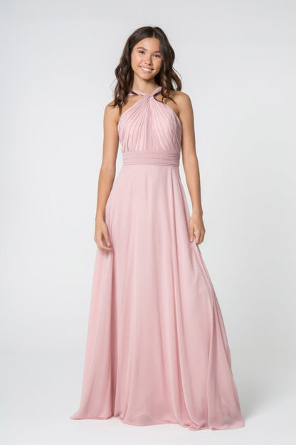 High-Neck Chiffon Ruched-Bodice A-Line Long Dress