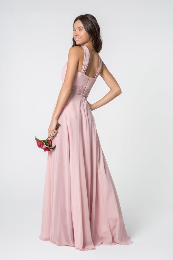 High-Neck Chiffon Ruched-Bodice A-Line Long Dress