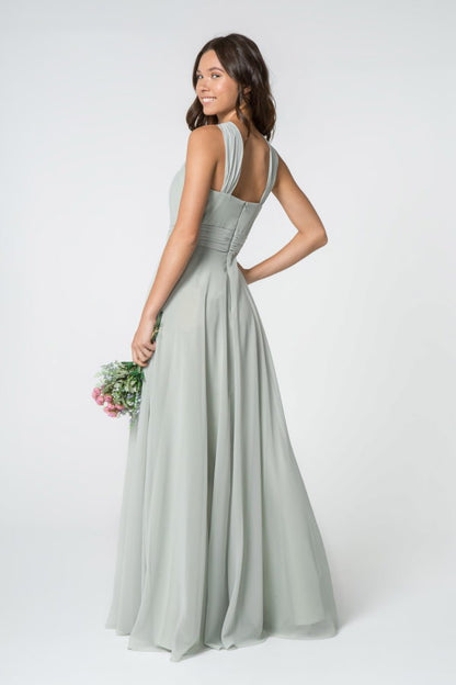 High-Neck Chiffon Ruched-Bodice A-Line Long Dress