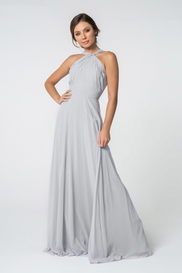 High-Neck Chiffon Ruched-Bodice A-Line Long Dress