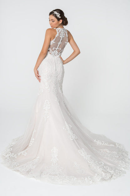 Lace Embellished Mesh Wedding Gown w/ Sheer Back