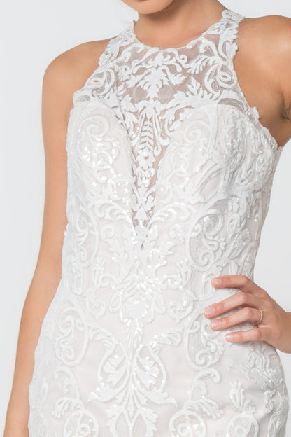 Lace Embellished Mesh Wedding Gown w/ Sheer Back