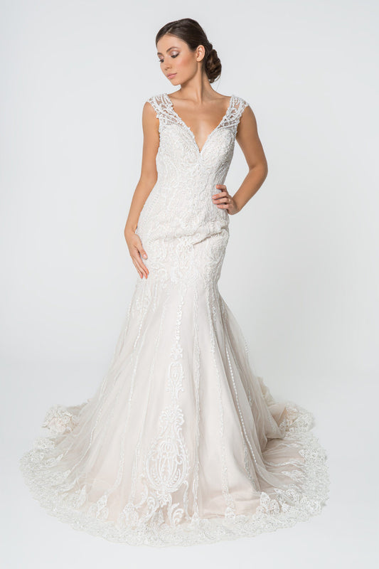 Lace Embellished Deep V-Neck Wedding Gown w/ U-Back