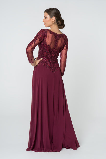 Lace Embellished V-Neck Chiffon Long Dress w/ Mesh Sleeve