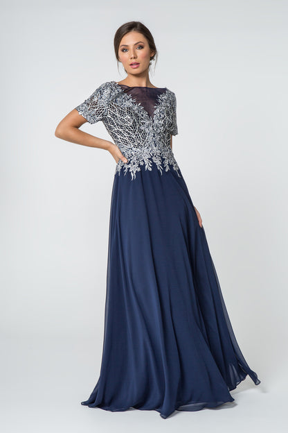 Lace Embellished Illusion V-Neck Long Dress