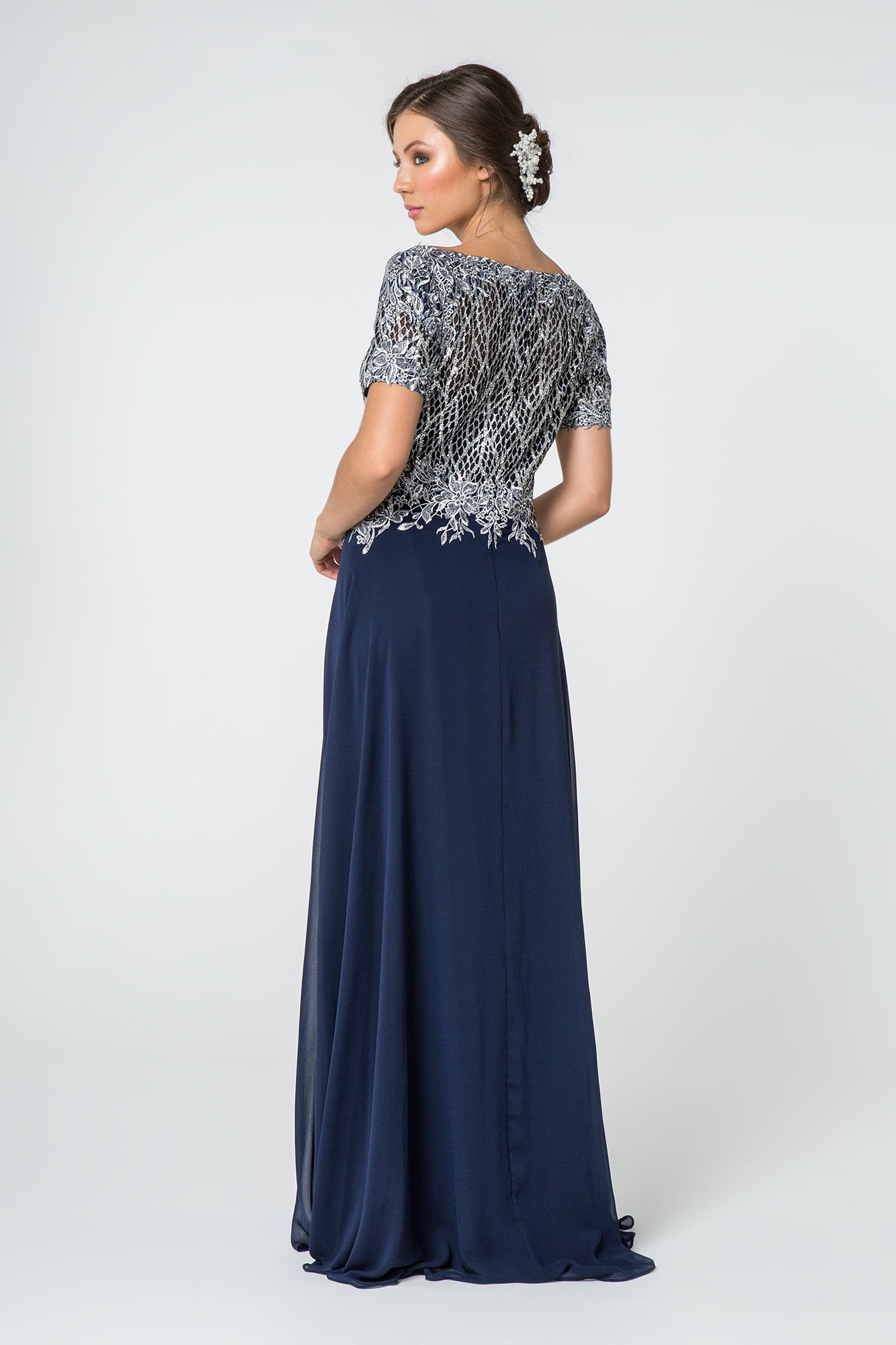 Lace Embellished Illusion V-Neck Long Dress