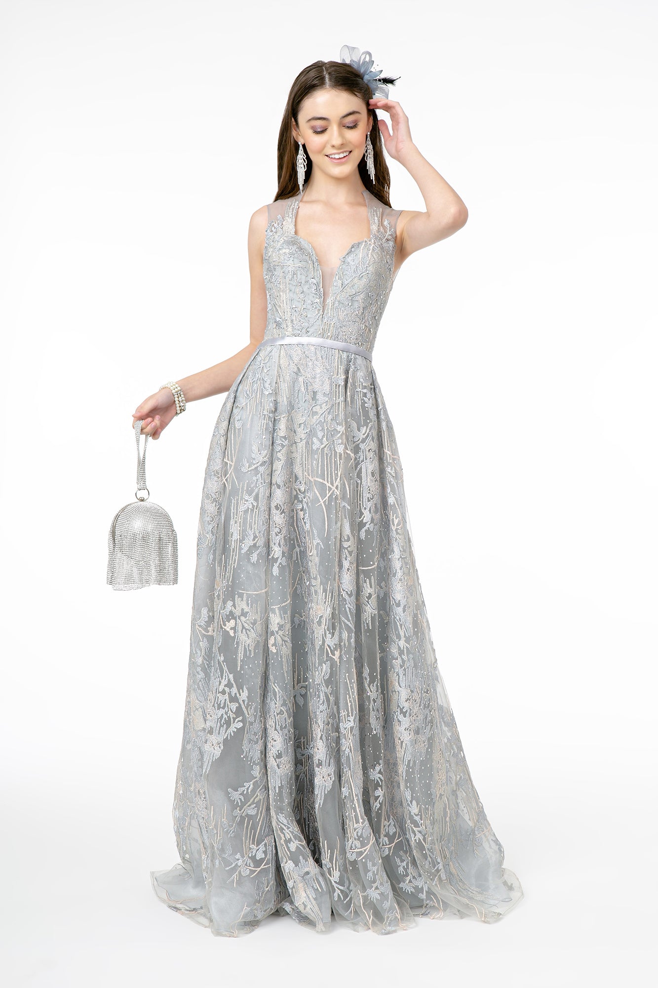 Lace Embellished A-Line Long Dress