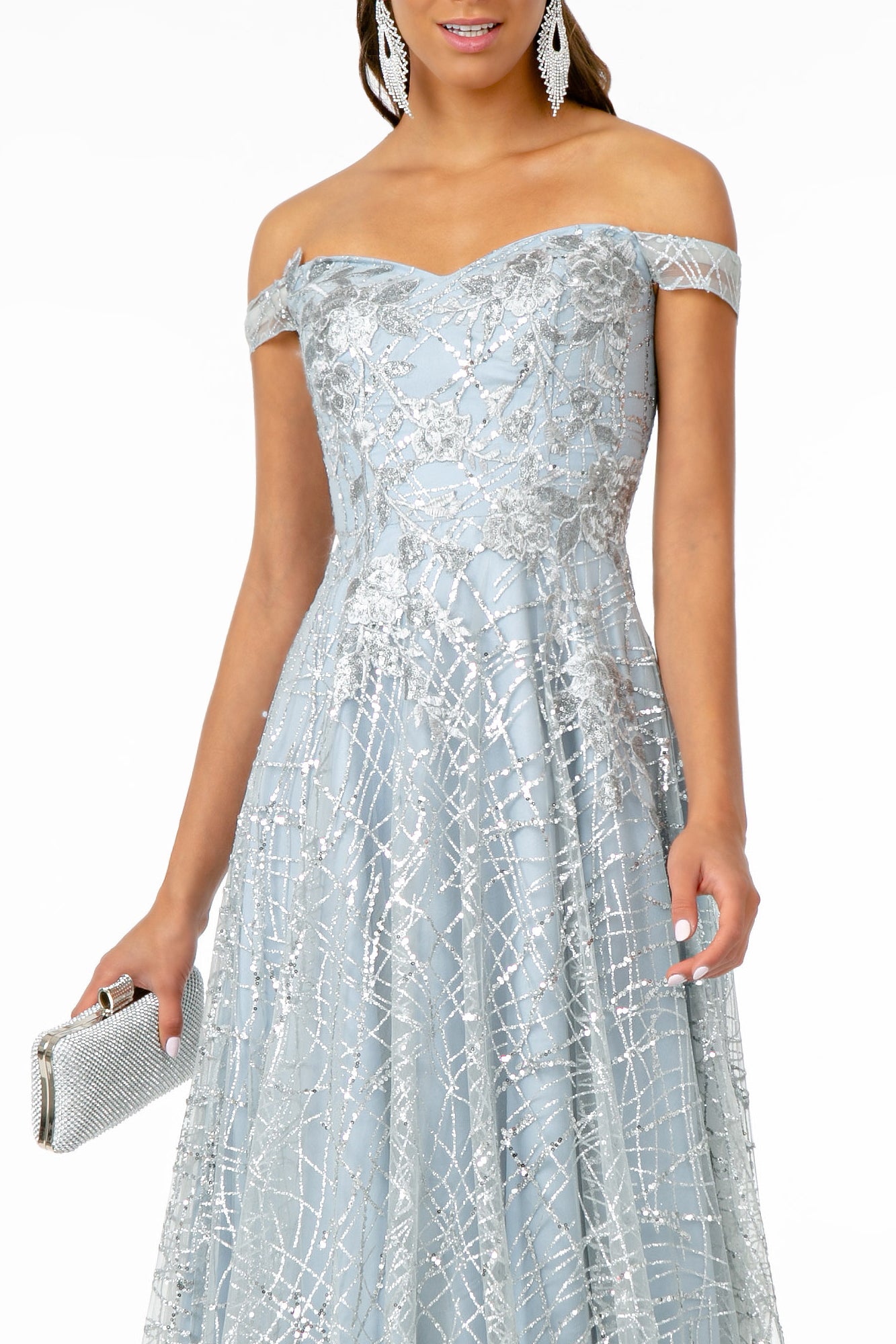 Floral Embroidery Glitter & Sequin Mesh A-Line Dress