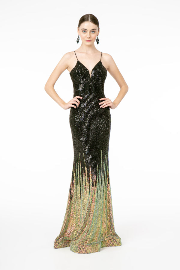 Illusion V-Neck Full Sequin Spaghetti Strap Long Dress