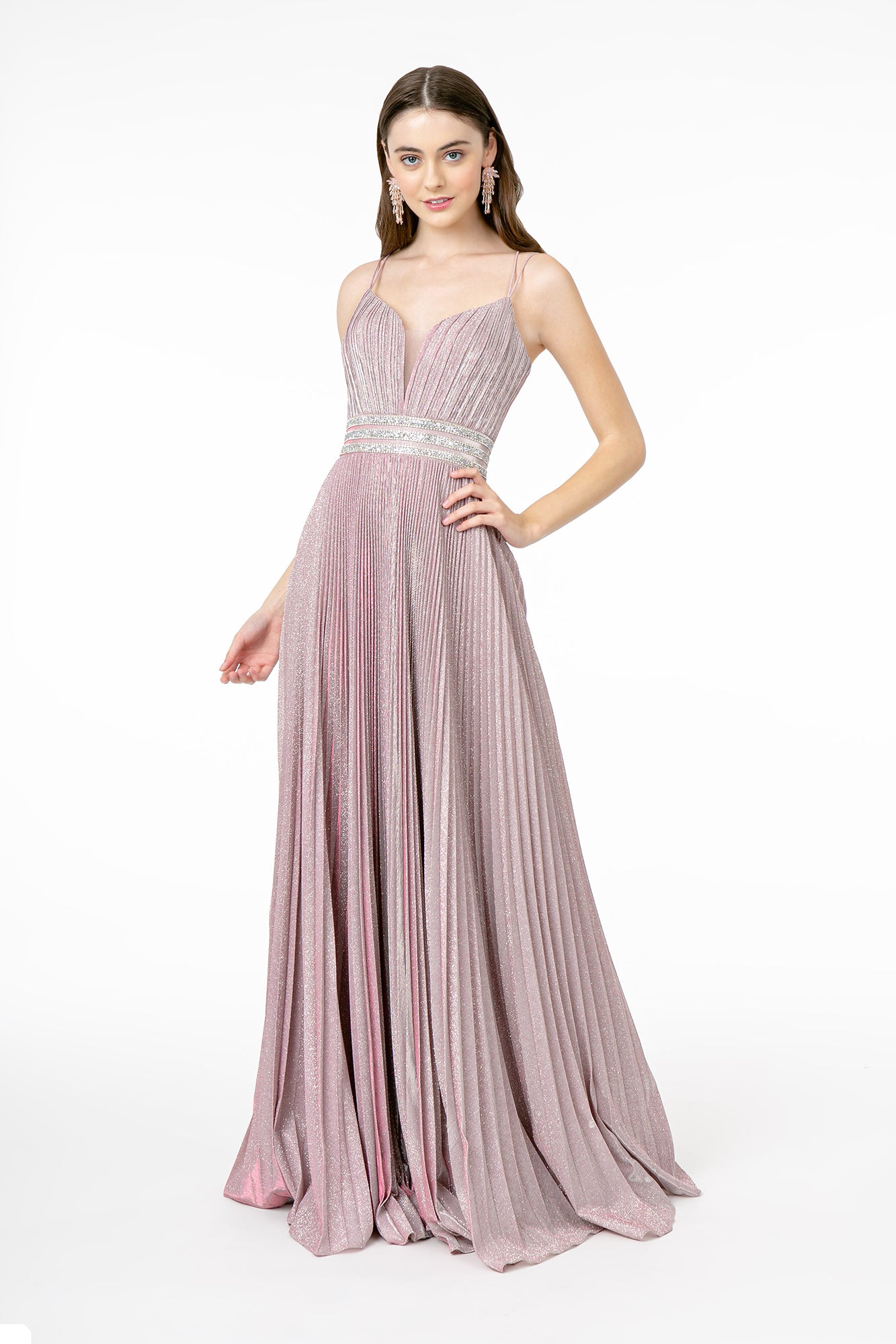 Illusion Deep V-Neck A-Line Pleated Long Dress with Metallic Glitter Finish