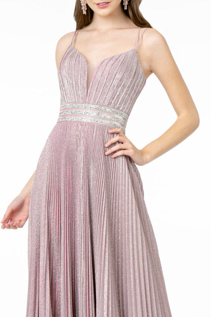 Illusion Deep V-Neck A-Line Pleated Long Dress with Metallic Glitter Finish