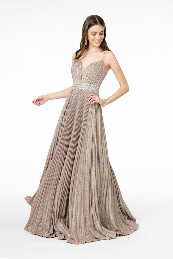 Illusion Deep V-Neck A-Line Pleated Long Dress with Metallic Glitter Finish