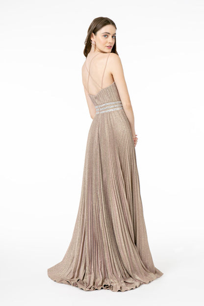 Illusion Deep V-Neck A-Line Pleated Long Dress with Metallic Glitter Finish